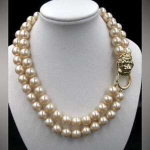 Vintage KJL for Avon Double Strand Faux Pearl Necklace Lion Clasp Ret $60